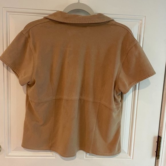Vintage Kathy Ireland Faux Suede Button Down Shirt, Soft Tan Festival Size L - Picture 2 of 7